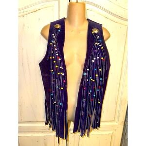 VINTAGE INCREDIBLE PURPLE HEAVY SUEDE FRINGED BEADED VEST BOHO HIPPIE FESTIVAL
